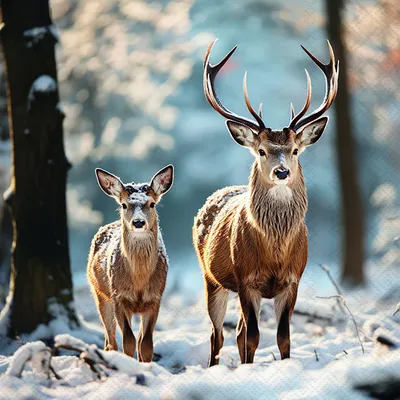 Produktbild von 20 Servietten Deer in the Forest - Hirsch mit Kitz im Winter 33x33cm