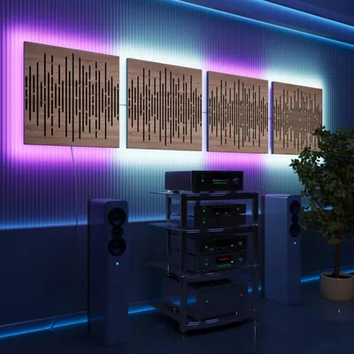 Obrázek produktu pro Sada 4 kusů akustických nástěnných panelů s LED a RGB podsvícením pro Echo Control | Zvukově izolační panely s podsvícením | 4x WAVE -Separately-LINE | Sonoma