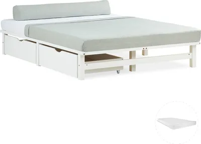 Produktbild von Homestyle4u Holzbett Jugendbett Palettenbett 140x200 mit Matratze 2 Bettkästen Weiß