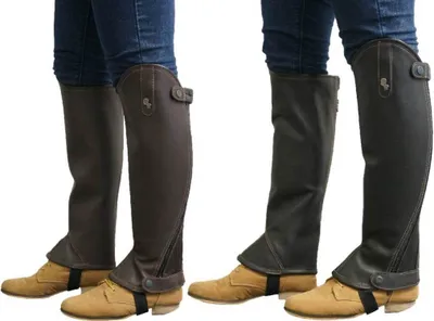 Produktbild von QHP Chaps aus weichem braunem Leder, Größe L, mit starkem Reißverschluss und elastischem Einsatz