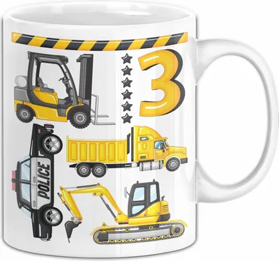 Produktbild von 3. Geburtstag Geschenk Tasse Becher Jungen Jungs Baustelle Polizei Geburtstagsgeschenk 3 (Weiß)