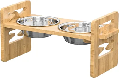 Produktbild von Erhöhter Futternapfständer mit geneigter Plattform, verstellbarer erhöhter Futterspender aus Holz mit 2 Edelstahlnäpfen, rutschfeste Hundefutternäpfe für Katzen und Hunde