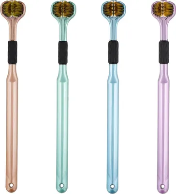 Produktbild von Set aus 4 dreiseitigen weichen Zahnbürsten für Erwachsene mit Zungenreiniger - Zahnpflegeset Geschenkset in 4 Farben