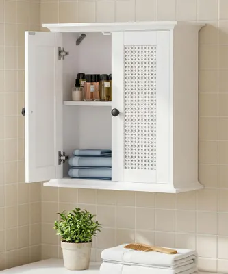 Produktbild von Hängeschrank Badezimmerschrank mit Rattanfront Wandschrank mit Doppeltüren & verstellbarem Einlegeboden, Küchenschrank, Medizinschrank, Weiß
