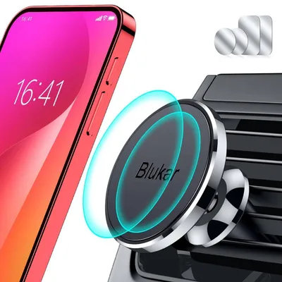 Image de Support pour téléphone de voiture, fixation par ventilation, 360°, magnétique, accessoire automobile, 5 aimants, 4 plaques métalliques, noir