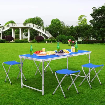 Produktbild von Klapptisch – Campingtisch – Picknicktisch – Weiß – 120 cm, klappbar – mit 4 Hockern – Gartenmöbel