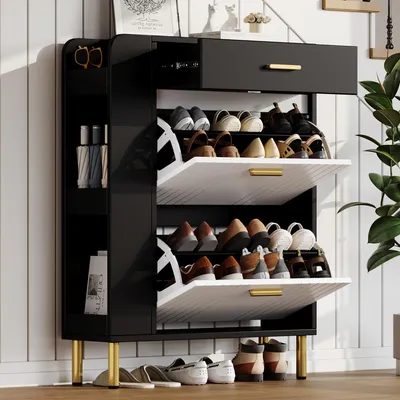 Produktbild von Flieks Schuhschrank mit 2 Klappen, 1 Schublade und 3 offenen Fächern, Schuhkipper Schmal für Eingang Wohnzimmer, Schuhkommode, Weiß+Schwarz
