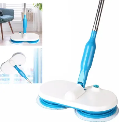 A close-up of a white and blue electric mop with two rotating pads.