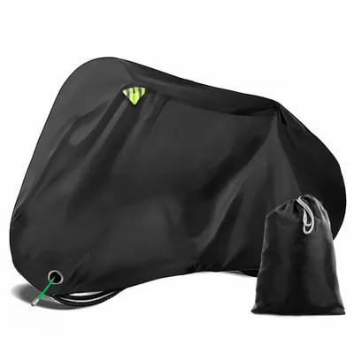A black bicycle cover is shown on a white background, with a small black storage bag next to it.