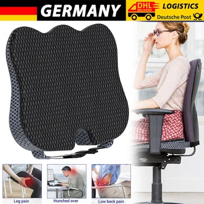 A woman sitting in an office chair, using a lumbar support cushion. The image also shows smaller inset images illustrating leg pain, hunching over, and low back pain.