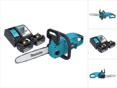 A cordless chainsaw with two batteries and a charger, presented on a white background.