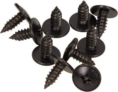 A pile of black screws with wide, flat heads and pointed tips, arranged on a white background.