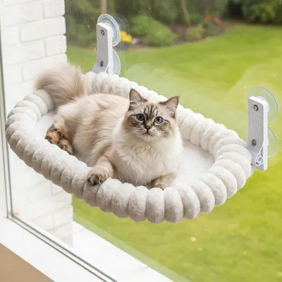 Produktbild von Faltbares Katzen-Fenster Hängematte (Weiß, M) . Weiche Pluche Cat Bed mit 4 starken Saugordnern, waschbar und Anti-Slip für kleine Katzen, Perfe