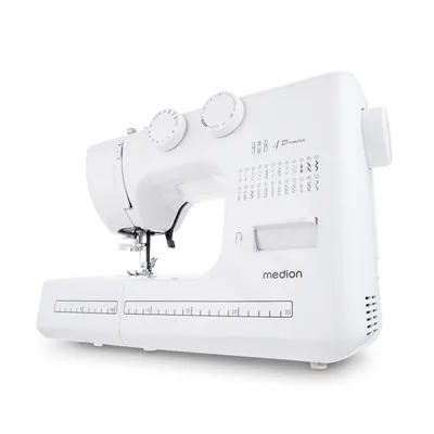 Produktbild von MEDION Freiarm-Nähmaschine SM60 (60 Watt, 60 verschiedene Stichmuster mit Knopflöchern, LED Nählicht, automatischer Einfädler, Rückwärtstaste, Fadenschneider, MD10689) weiß