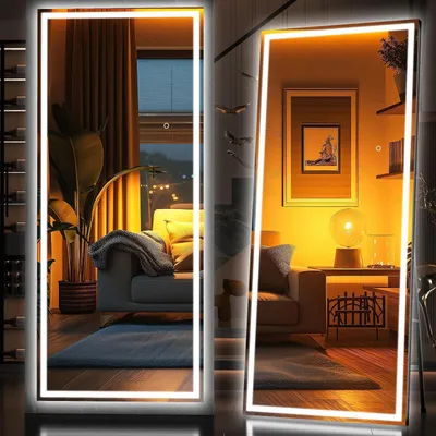 Zdjęcie produktu dla Lustro LED do całego ciała, 190x70 cm, czarne, 3 barwy światła, szkło hartowane, stojące lub do zawieszenia