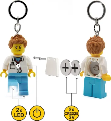 A Lego doctor figurine keychain with its components and battery requirements shown.
