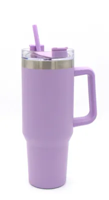 Produktbild von To Go Doppelwandiger Thermobecher Edelstahl für kalt und heiß inkl. Strohhalm ca. 1200ml (Lila)