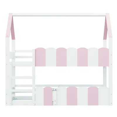 Produktbild von Flieks Etagenbett 90x200cm mit Rausfallschutz, Kinderbett Hausbett mit Tür, Hochbett Einzelbett mit Lattenrost für Kinderzimmer, Rosa