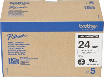Immagine prodotto di Brother HGE651V5 Brother 24mmx8m cassetta di nastro adesivo giallo/nero (confezione da 5)