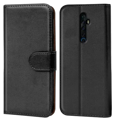 A black flip case for a smartphone is shown from the front and back.