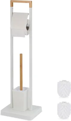 Zdjęcie produktu dla Zestaw akcesoriów łazienkowych - uchwyt na rolkę papieru toaletowego, szczotka do toalety - organizer do łazienki - wolnostojący, bambus i stal nierdzewna - 77x23x18 cm - biały, naturalny