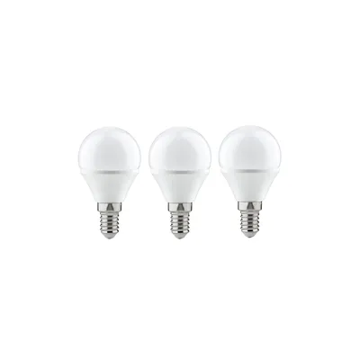 Three white LED light bulbs with E14 bases are arranged in a row against a white background.
