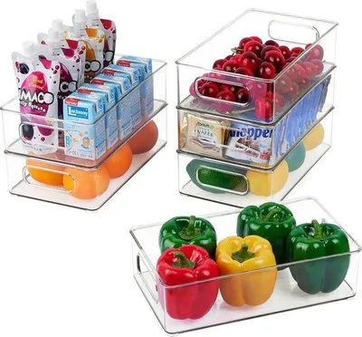 Productafbeelding van Unyqoos® Koelkastorganizer, set van 6 – Stapelbare, transparante opbergboxen, 25,4 x 15,2 x 7,6 cm, BPA-vrij, met handgrepen, geschikt voor keuken, koelkast en voorraadkast