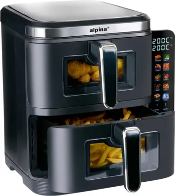Zdjęcie produktu dla alpina Double Airfryer XXL - frytownica na gorące powietrze 11L - frytownica powietrzna z 2 komorami - podwójny piekarnik dla 8 osób - składany wyświetlacz - funkcja timera do 60 minut - temperatura 60-200°C - czarny