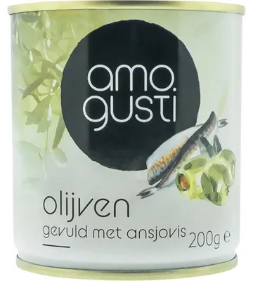 Produktbild von Amogusti Olijven gefüllt mit Anchovis, 200 g – aromatische, saftige Oliven