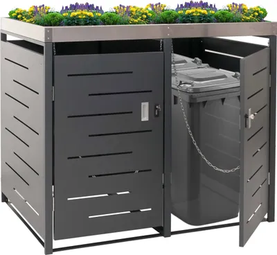 Produktbild von XL 2er-/4er-Mülltonnenverkleidung HWC-H40, Mülltonnenbox, Pflanzkasten Edelstahl-Metall 63kg 125x140x102cm erweiterbar