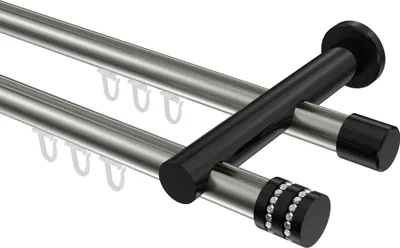 Produktbild von Interdeco Innenlaufstange / Gardinenstange mit Innenlauf Edelstahl-Optik / Schwarz, Typ Platon Estana (Glitzerkappe), 20 mm Ø 2-läufig, 240 cm