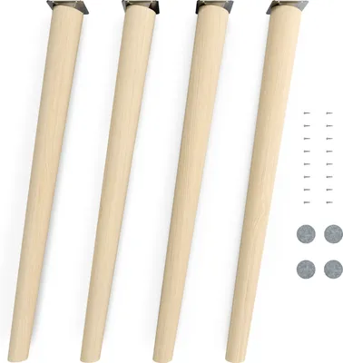 Four wooden furniture legs and hardware are arranged on a white background.