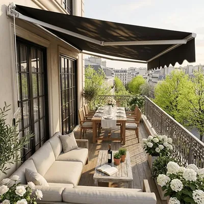 Produktbild von Markise Balkon 300cm Breit - Aluminium Gelenkarmmarkise Balkonmarkise Sonnenschutz Manuelle Klemmarmmarkise mit Handkurbel Sonnenmarkise Wasserdicht, Dunkelgrau (360x300cm)