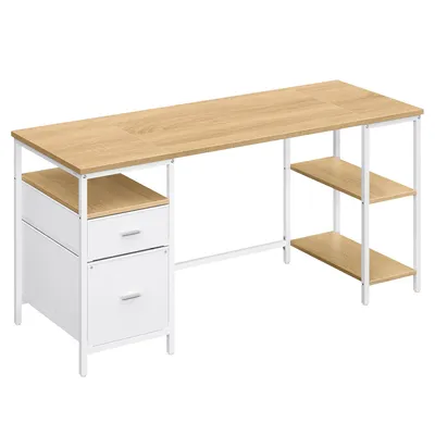 Produktbild von VASAGLE Schreibtisch mit 3 Ablagen, Bürotisch mit 2 Schubladen, 160 x 60 x 76 cm, moderner Stil, eichenfarben-weiß