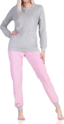 Produktbild von Damen Frottee Schlafanzug lang mit Bündchen und floraler Applikation - auch in Übergröße ; pink , 48