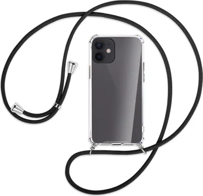 Produktbild von Handykette Backcover-Schutzhülle mit Band (Metall silberfarben) für Apple iPhone 12 Mini - schwarz