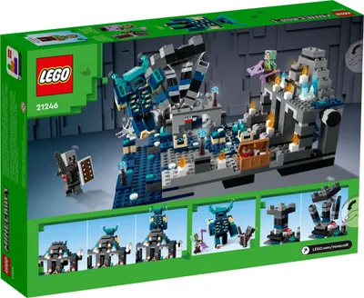 The back of a LEGO Minecraft playset box, showing the assembled model and smaller illustrations of characters and builds.