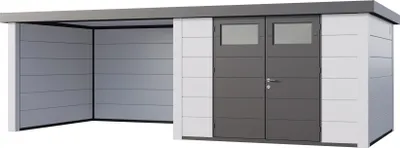 Produktbild von Telluria Metallgerätehaus Classico 3030 mit Lounge Anbau weiß/weiß Lounge-Anbau links