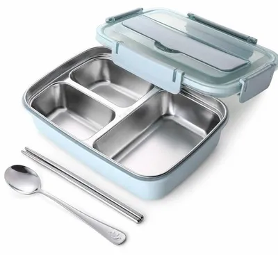 Immagine prodotto di VHV - Contenitore per il pranzo in acciaio inossidabile con 3 scomparti - Lunchbox a tenuta stagna con coperchio - Ideale per l'ufficio, la scuola e i viaggi - Colore blu
