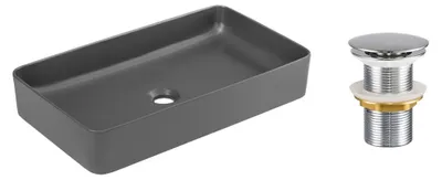 Productafbeelding van Rechthoekige opbouwwastafel 61x34 cm mat grijs in keramiek met klik-klak afvoerplug