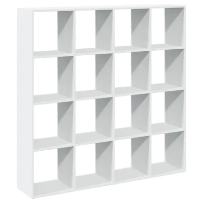 A white, multi-compartment shelving unit against a white background.