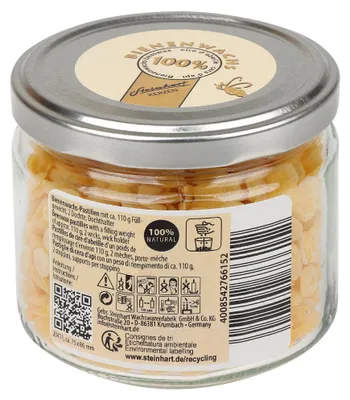 Produktbild von 100% Bienenwachs-Pastillen im Schraubglas mit Dochte und Dochthalter