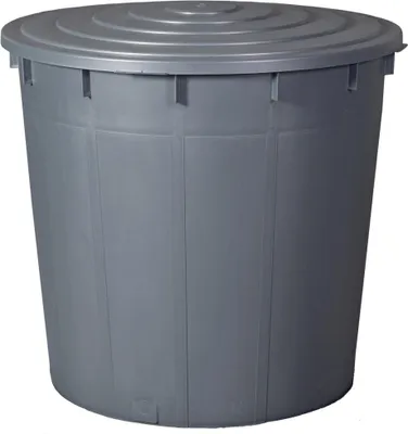A gray plastic trash can with a lid.