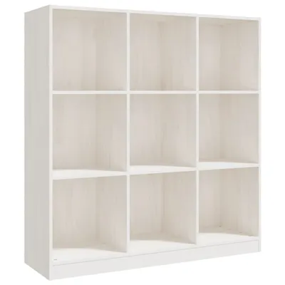 A white wooden bookshelf with nine square compartments, shown against a white background.