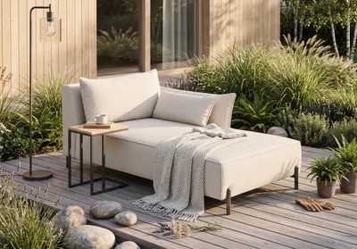 Image de chaise longue pour terrasse et jardin, tissu Sunlight, écru, version droite, SUNMEE