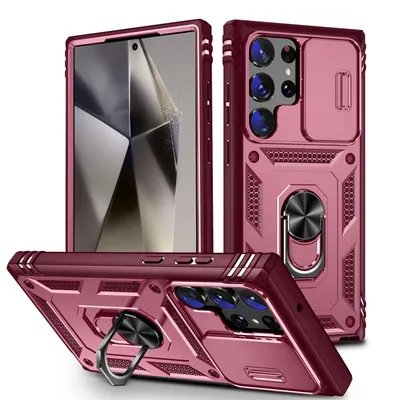 Obrázek produktu pro Pouzdro pro Samsung Galaxy S24 Ultra posuvná ochrana kamery, robustní nárazuvzdorné, s držákem prstenu, stojánkem a držákem na karty červené Růžový
