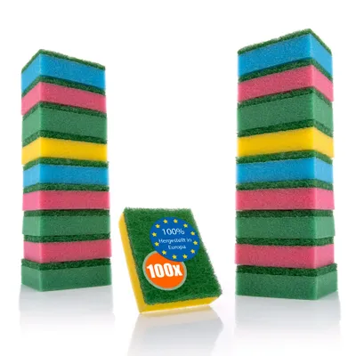 Produktbild von Thats Shopping Reinigungsschwämme, 100 Stück, Mehrfarbige zweiseitige wiederverwendbare Topf-, Spül- & Putzschwämme für Küche & Haushalt, 8x6 cm, aus PUR & Polyamid, nicht für Antihaft-Pfannen & empfindliche Oberflächen
