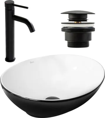 A black and white washbasin set with a faucet and drain.