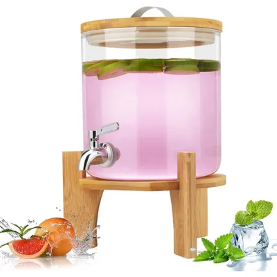 Produktbild von Getränkespender Glas 5L mit Hahn und Bambusständer für heiße/kalte Getränke