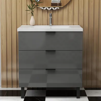 Produktbild von Badmöbel Set Hochglanz Dunkelgrau 80cm Keramik Waschbecken mit Unterschrank Badezimmermöbel mit 3 Schubladen und 2 Füßen Hängeschrank
